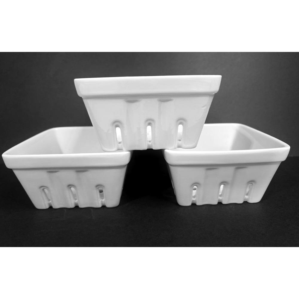 Crate & Barrel White Ceramic Berry Basket Set of 3 Square Fruit Colander Bowls